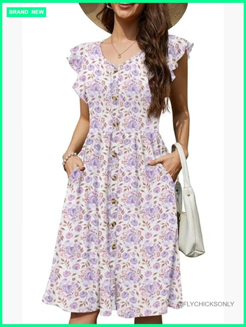 Polyester Spandex V-Neck Midi Swing Dress with Ruffle Sleeves and Pockets